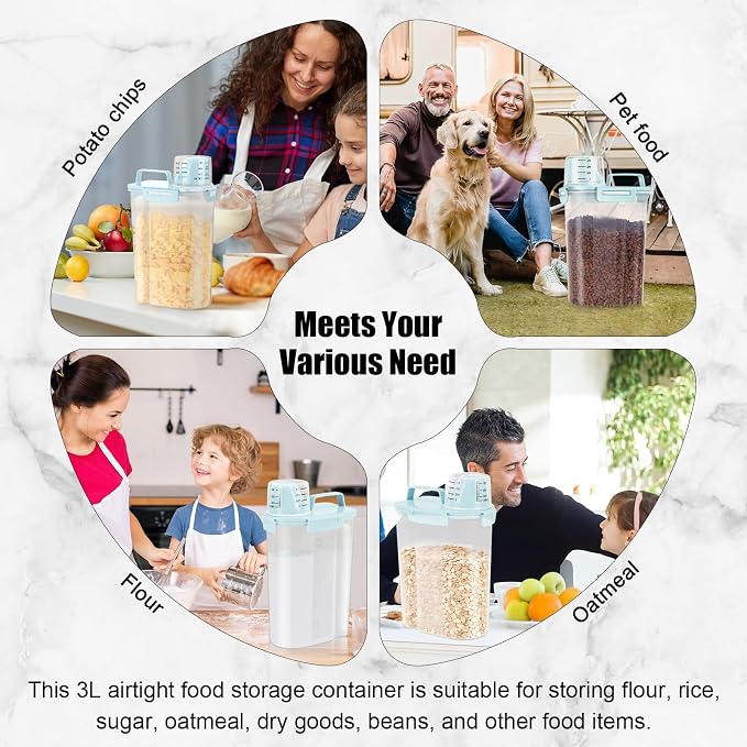 LEAWALK Airtight Rice Storage Container, 3 to 5Lbs Cereal Dry Food Flour and Sugar Bin, Pet Dog Cat Food Dispenser with Measuring Cup, BPA Free Clear Plastic Kitchen and Pantry Organization Bin-Blue