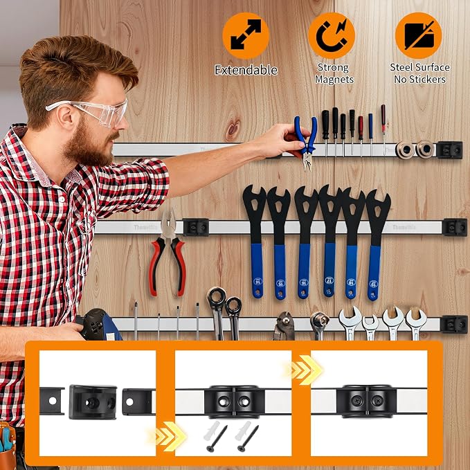 18" Magnetic Tool Holder Strip, 6 Pieces Silver Metal Tool Organizer Rack with Stainless Steel Surface, Magnet Bar for Garage Workshop, Easy To Install with Mounting Screws