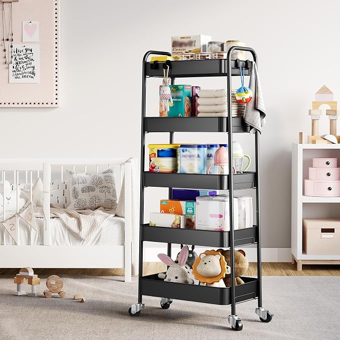 TOOLF 5-Tier Metal Rolling Cart with Wheels, Storage Utility Organizer Cart for Kitchen, Bathroom, Office, Baby Essentials & Makeup - Lockable Casters, Easy Assembly, Large Capacity, Black
