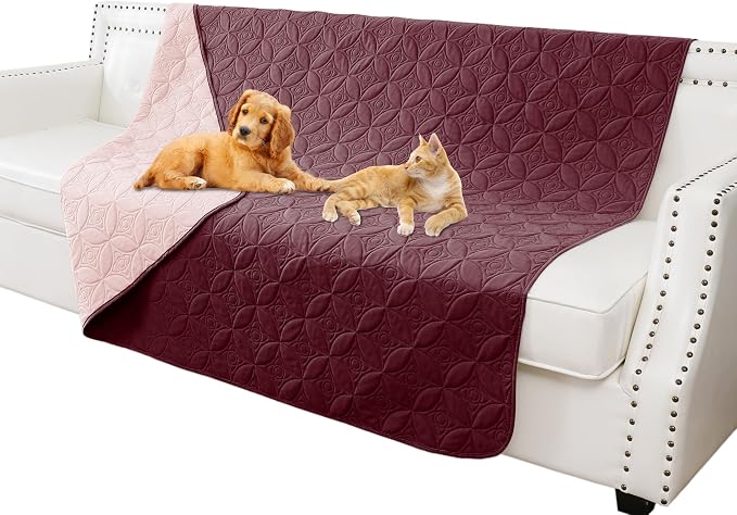 Waterproof Couch Cover for Dogs - Washable Pets Furniture Protector | TPU Leak-Proof Liner, Lightweight & Reversible, Fits Chair, Sofa, Bed, 52" x 82" , Burgundy/Pink