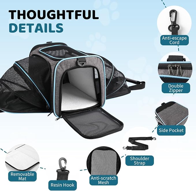 Cat Carrier - Airline Approved Expandable Soft Side Pet Carrier, Collapsible Pet Travel Bag Carrier with Foldable Pet Bowl for Cat Small Animals Under 14LB, 17 * 11 * 11