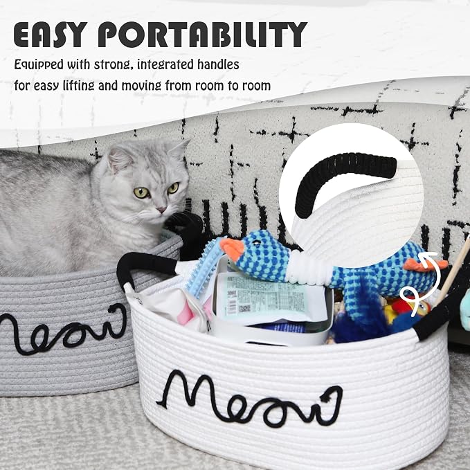 Sea Team Cat Toy Storage Basket with Handles, White Meow | Large Cotton Rope Storage Bin, Shelf Basket, Organizer for Pet Chew Toys, Foods, 16.5 x 11 x 7 Inches, 4.4 Gallons