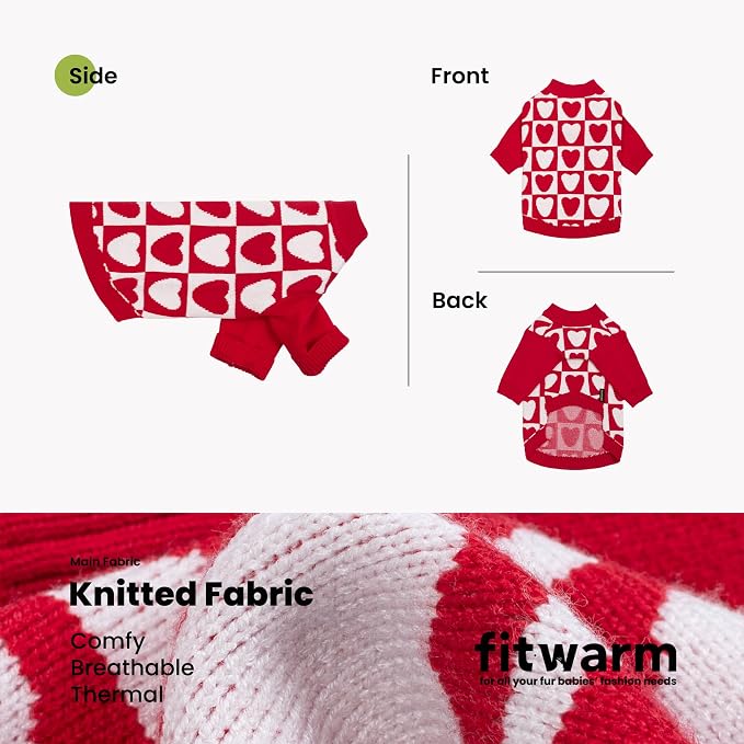 Fitwarm Checkered Heart Dog Sweater, Cozy Valentines Outfit for Small Dogs Girl, Festive Pet Clothes, Red, White, XS