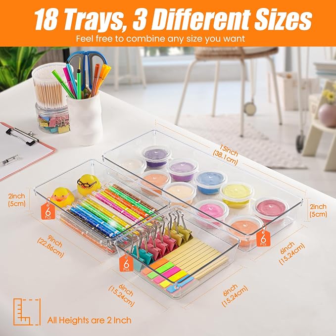 18 Pcs Large Size Clear Drawer Organizer Set, Acrylic Non Slip Non Cracking Kitchen Drawer Storage Tray Divider, Multifunctional Storage for Cosmetics, Bathroom, Tools, Kitchen and Office