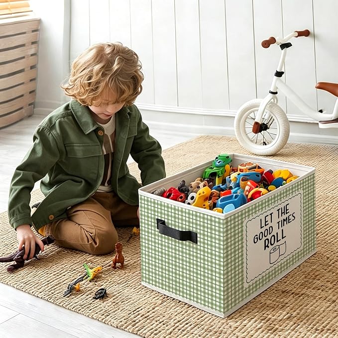 Funny Bathroom Foldable Storage Bins Box with Handles, Let the Good Times Roll Sage Green Gingham Plaid Decorative Storage Boxes Baskets Organizer for Washroom Guest Bathroom