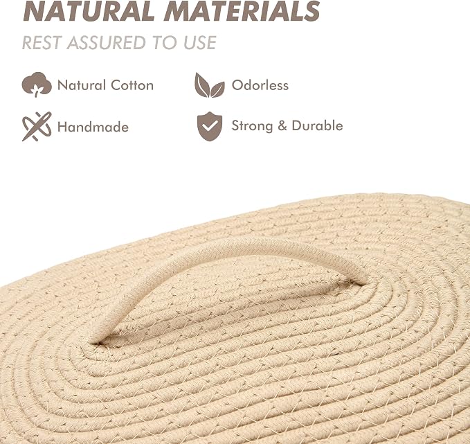 Sea Team Oval Storage Basket, Woven Cotton Rope Basket with Lid, Khaki | Decorative Knitted Storage Bin, Multi-Purpose Lidded Organizer for Closet Shelves, Nursery and Household Storage