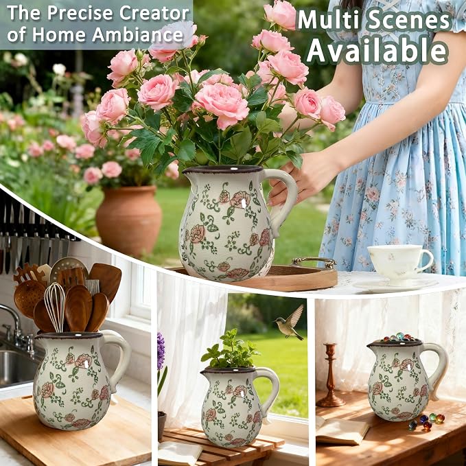 Utensil Holder for Kitchen Countertop, Rustic Ceramic Utensil Crock | Utensil Organizer Crock with Handle for Kitchen Counter, Vintage Farmhouse Home Decor, Flower Pot, Countertop Spoon Tools