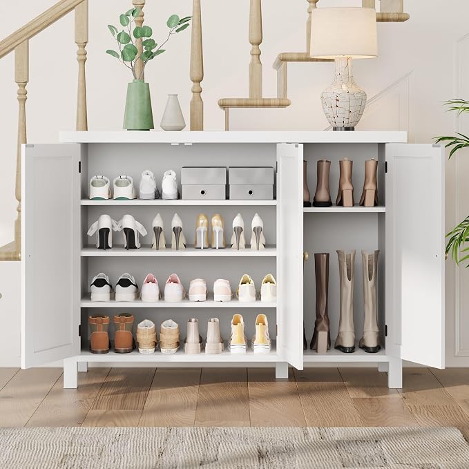 CABIHOME Farmhouse Shoe Cabinet with 3 Barn Doors & Wood Legs, 5-Tier Shoe Storage Cabinet with 3 Adjustable Shelves, Tall Shoe Rack Organizer for Closet, Shoe Organizer for Entryway, Hallway, White