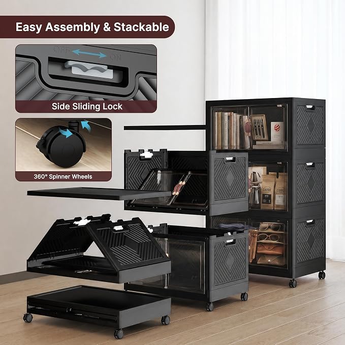 Stackable Storage Bins with Lids, 330QT Lockable Storage Cabinet | Closet Organizers, Foldable Storage Box with Doors and Wheels, Plastic Drawers for Home, Garage, Office (3, Black, Plus)