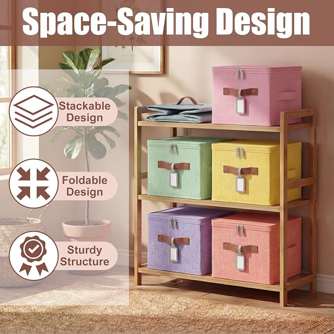 6 Pack Fabric Bins with Lids, 10 x 8 x 7 Inch Colorful Fabric Storage Bins with Zipper Lids and Labels, Decorative Foldable Storage Cubes with Handles for Closet Nursery Organization, Colored