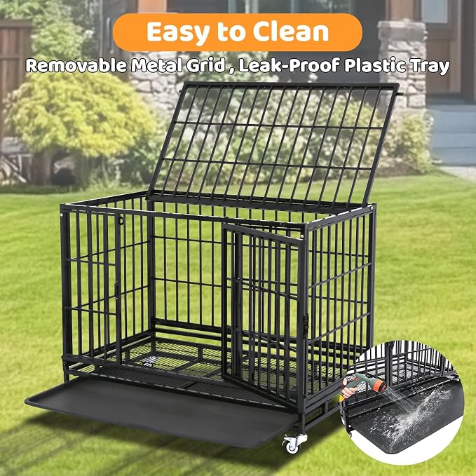 Homey Pet 37 Inch Three Tiers Stackable Dog Crates for Medium Dogs | Indestructible Heavy Duty Dog Crate Cage with Lockable Wheels, Removable Tray, Opent Top, Escape Proof Locks, Bowls