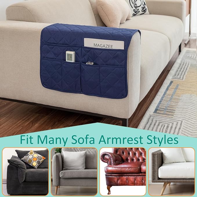 Sofa Armrest Organizer with 6 Pockets, Non-Slip Couch Recliner Armchair Caddy, Washable Remote Controls Holder, Storage for Magazine, Tablet (Navy)
