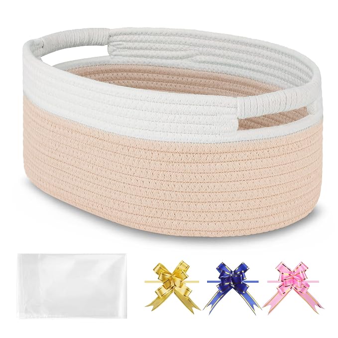 Small Woven Gift Basket with Bag & Ribbons, Beige | Cotton Rope, 13”x 9”x 5.5”, Fits for Kids, Women & Men, Bedroom, Living Room, Nursery & Bathroom Storage, Cat & Dog Toy Boxes
