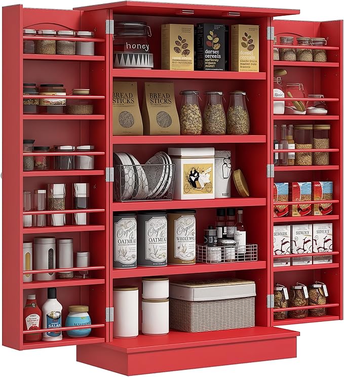 HOMCOM 41" Kitchen Pantry Storage Cabinet 12 Door Shelves Double Doors Red | Freestanding Kitchen Cabinet, 2 Doors, 5-Tier Shelving, Adjustable Shelves