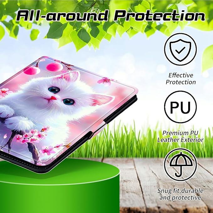 Universal Tablet Case for T-Mobile Revvl Tab 2 10.1" 2025/Revvl Tab 5G 10.36" 2023, 360 Degree Rotating Kickstand Protective Stand PU Leather Shell Cover for 9"-10.5", Flower White Cat