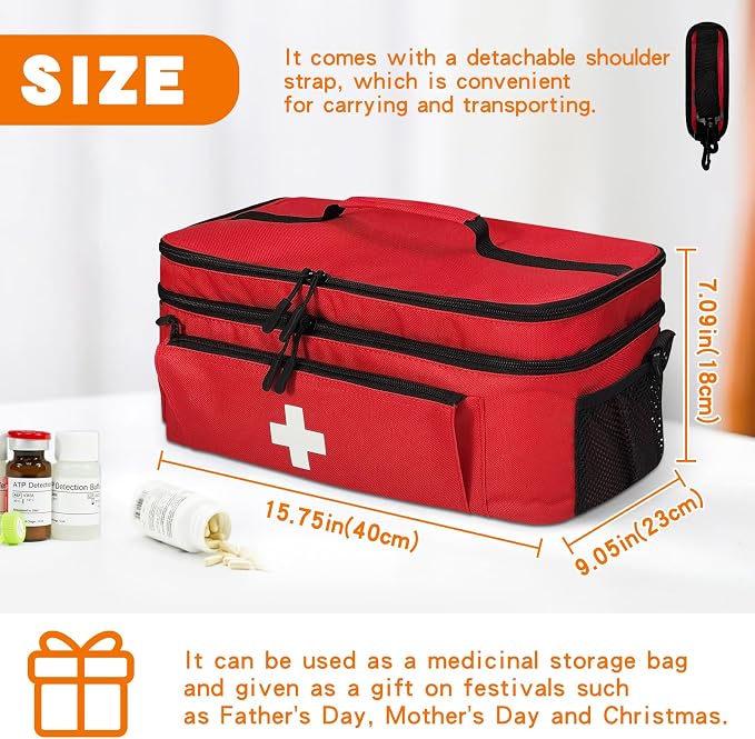 Boczif First Aid Bag Empty, Emergency Kit Bag(Red with shoulder strap) | Pill Bottle for Emergency Trauma Medical Kits Supplies Waterproof, Ideal for Home, Travel, Outdoor
