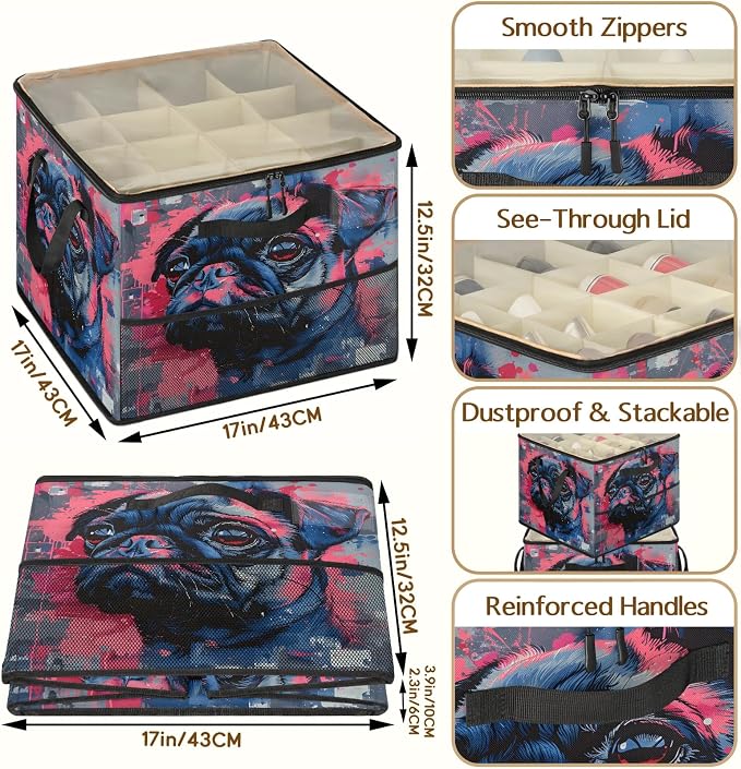 TropicalLife Pug Dog Shoe Organizer for Closet | Foldable Shoe Storage Box Bin 16-32 Pair Shoe Storage for Sneakers, Boots & Heels with Adjustable Dividers, Clear Cover