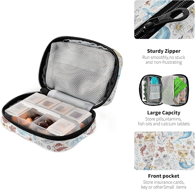 Watercolor Cat Mermaid Pill Box 7 Day Pill Case Travel Pill Organizer Bag with Zipper Portable Weekly Case Compact Size for Vitamin Supplement Holder