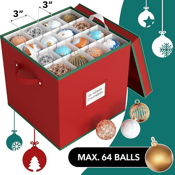 Simple Houseware 64 Christmas Ornament Storage Box with Adjustable Dividers | Heavy-Duty