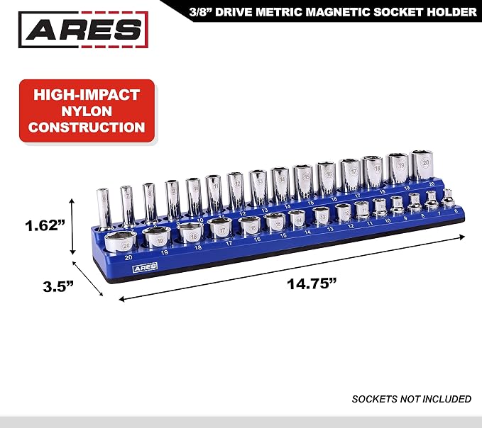 ARES 60008 30-Pc 3/8-In Blue/Black Metric Magnetic Socket Organizer | Part No. 60008; Inch drive Sizes: 6mm, 7mm, 8mm, 9mm, 10mm, 11mm, 12mm, 13mm, 14mm, 15mm, 16mm
