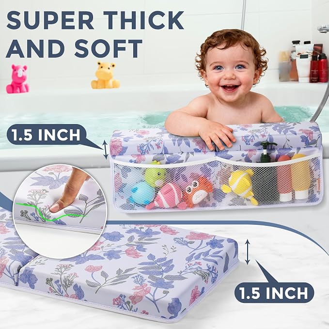 Bath Kneeler and Elbow Rest Pad Set, 1.5” Thick Bathtub Kneeling Mat | Cozy Memory Foam, Non-Slip 6 Suction Cups and 4 Toys Organizer Pockets, Quick-Dry Bath Kneeling Pad for Babies Toddlers