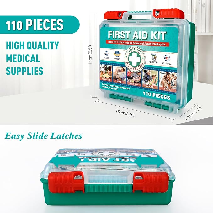 General Medi 110 Pieces Small First Aid Kit - HardCase First Aid Box - Contains Premium Medical Supplies for Travel, Home, Office, Vehicle, Camping, Workplace & Outdoor (Pack of 2)