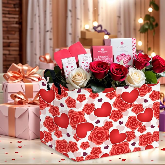 Valentine's Day Basket for Gifts Empty Cute Heart Large Gift Basket Decorative Storage Bin for Kid and Baby Room Décor (Red Love Rose)