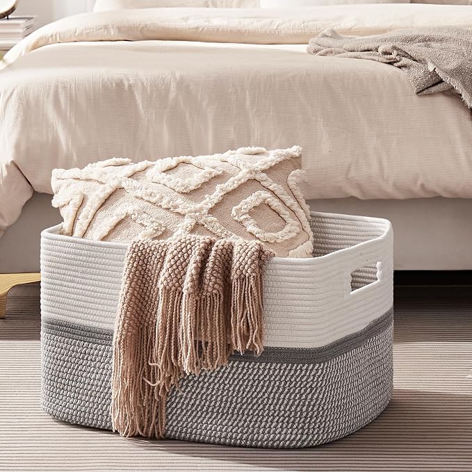 OIAHOMY Blanket Basket Laundry Basket Dog Toy Basket 75L Grey/White | Large Storage Basket,Baby Basket,Toy Storage,Woven Rope Basket for Blankets,Blanket Storage for Living Room