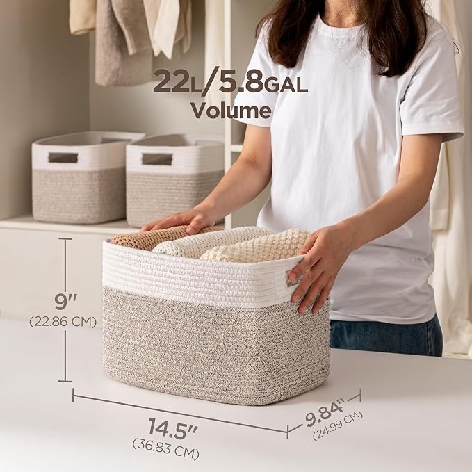 4 Pack Storage Baskets for Organizing, Shelf Baskets with Handles, White&Light Brown
