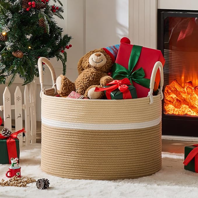 KAKAMAY Large Blanket Basket with Handles, Storage Basket for Living Room | Extra Large Capacity | Natural Cotton Rope | Blanket Storage | Woven Storage Basket | Stuffed Animal Storage | Laundry Basket