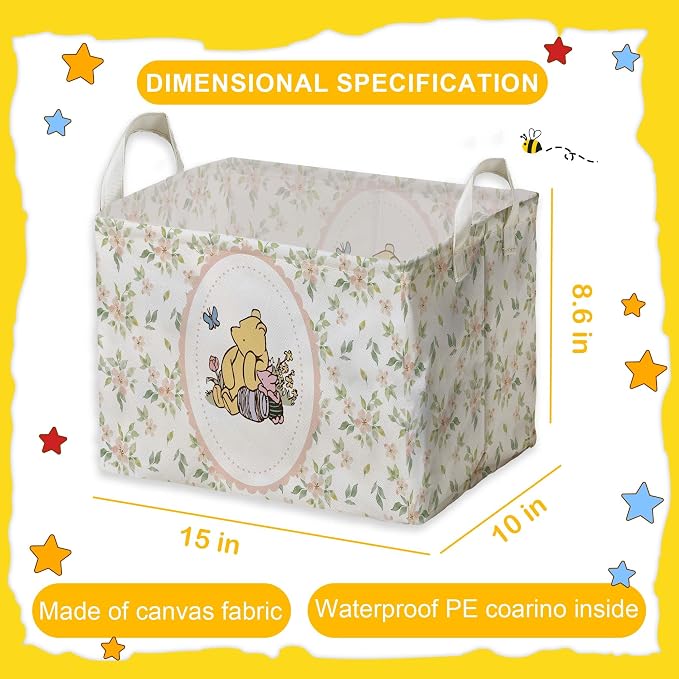 Winnie Nursery Storage Basket With A Waterproof PE Coating,The Pooh Nursery Baby Stuff Storage Baskets Suitable For Bathroom and Bedroom, Foldable Large Canvas Laundry Hamper