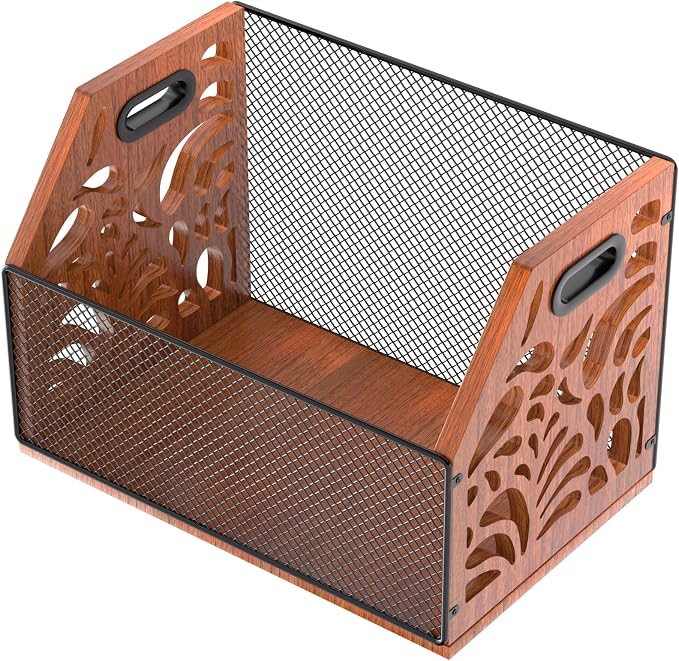 Wooden Mesh Dog Toy Storage Bin with Handles for Pet Supply & Toys | Large capacity holds plush toys, balls, leashes & treats. Clear scattered clutter effortlessly and keep your home tidy.