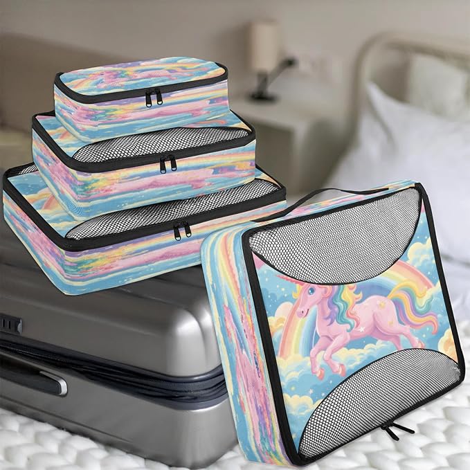 4 Set Packing Cubes for Travel, Rainbow Unicorn Packing Cubes for Women, Travel Luggage Packing Organizers, Packing Cube Set, Unicorn Cartoon