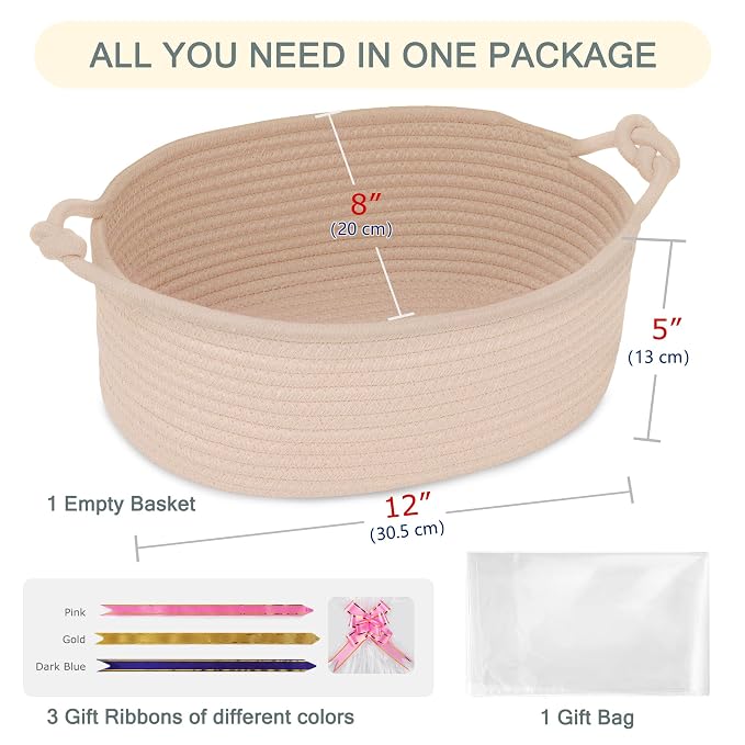 COMSE Small Gift Basket Empty with Bag & Ribbons, Solid Beige | Cotton Rope, 12"x 8"x 5", Pet Toy Storage Organizer, Woven Basket for Birthdays, Baby Showers, Mother’s Day, Valentine’s Day