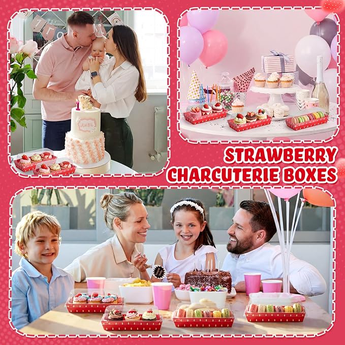 Bokon 50 Pack Strawberry Charcuterie Boxes with Clear Lids for Berry First Birthday Party Baby Shower and Summer Picnic Red Disposable Treat Boxes for Sandwich Cookie and Cake Slice
