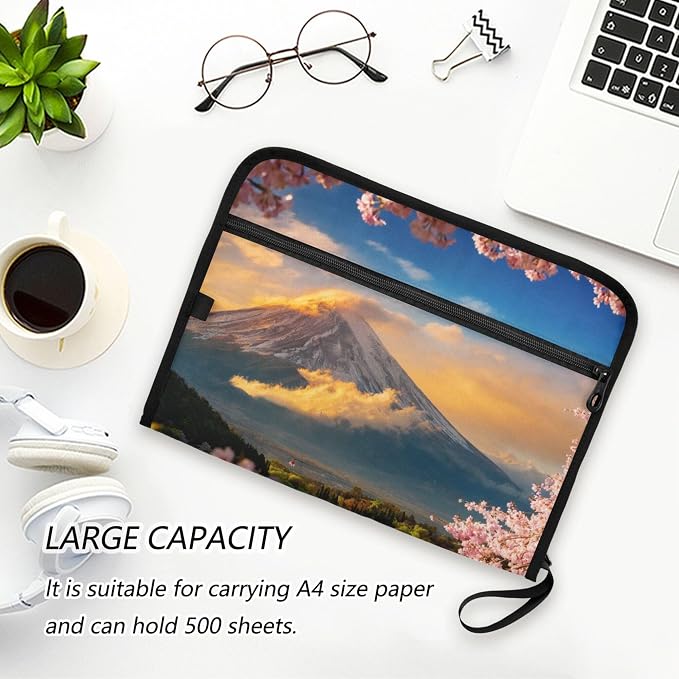 Mount Fuji at Sunset Expanding File Folder with Sticky Labels, 13 Pockets Accordion File Folder Document Organizer Expandable Zip File Folder with Zipper Closure