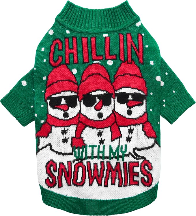 Fitwarm Chillin with My Snowmies Dog Ugly Christmas Sweater, Winter Dog Clothes for Small Dogs Girl Boy, Pet Holiday Sweatshirt, Xmas Snowman Outfit, Green, Red, White, XXL