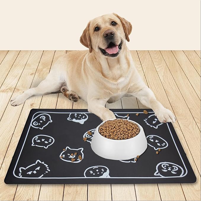 YCT Cat Food and Water Mat for Pets - Non Slip Super Absorbent Dog Bowl Mat, with Multiple Cat Heads Logo - 24 x 16.9 Inches, Brown