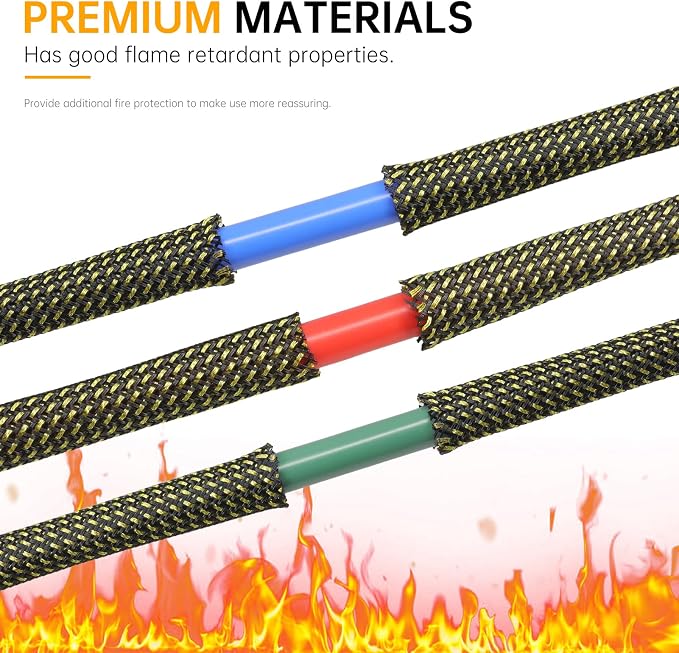 Braided Cable Sleeve 33ft, PET Expandable Wire Loom for Automotive Wiring Harness & PC Computer Case, Audio Video Cable Management System (Black-Gold, 8mm (5/16"))
