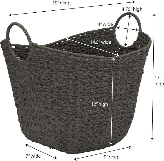 Household Essentials Handwoven Paper Rope Storage Basket with Metal Frame and Handles, Gray