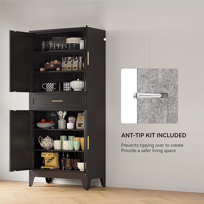 YAUWOH 71''Tall Kitchen Pantry Cabinet with Drawer,6-Tiers Metal Pantry Storage Cabinet with 4 Adjustable Shelves and 4 Barn Doors, Freestanding Farmhouse Food Cupboard for Dining Room (1PC,Black)