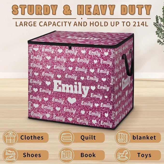 Personalized Storage Bins with Lid, Customized Name Jumbo Storage Basket Rectangle Clothes Organizer for Organizing Kids and Pets Toys Shelf Closet, Pink Bling Glitters with Love Hearts