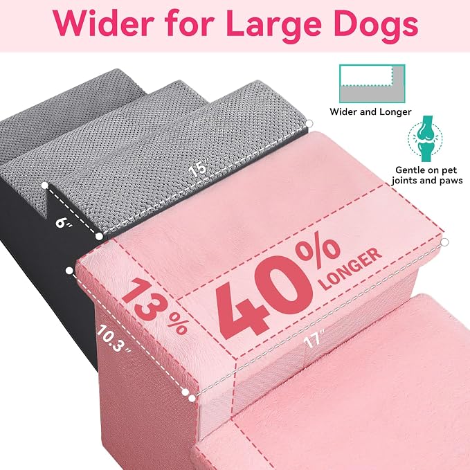 Zerbuger Dog Stairs with Storage, Pink Furry Lids 3 Steps Dog Ramp no Condo | 18" H Wider Dog Steps for High Beds Couch, Folding Storage Pet Stairs Gift for Climbing Small/Medium/Large Old Dogs Cats