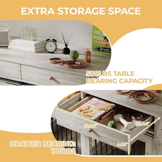 Double Dog Crate Furniture with 2 Drawers, 47" TV Stand Style Kennel with Removable Divider for 2 Large/Medium/Small Dogs, Decorative Side Table Indoor Pet Cage Grey | Removable Divider, Dog Crate for 2 Large/Medium/Small Dogs, Decorative Side Table In...