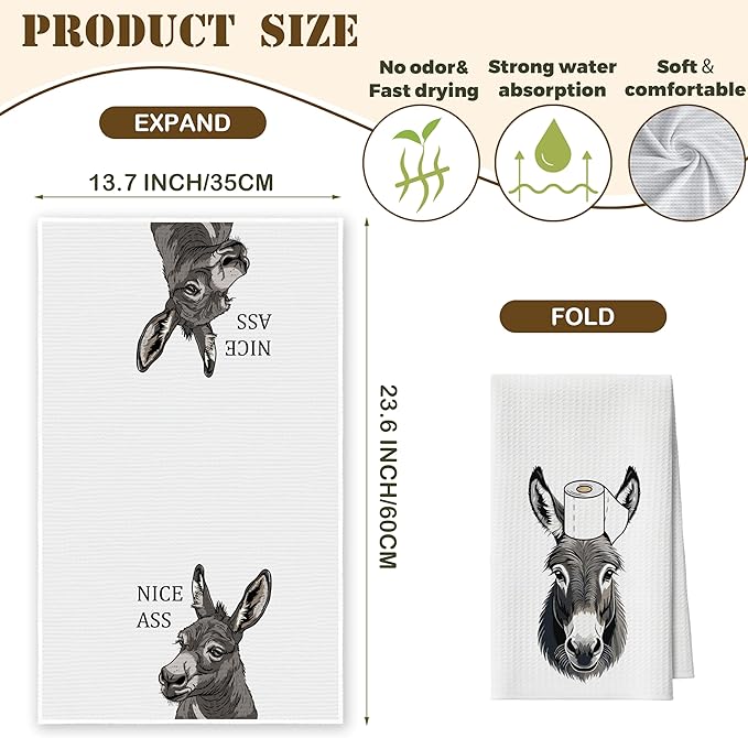 Bath Towels Set of 2, Cute Funny Donkey Dish Towel for Bathroom Spa Kitchen, Nice Ass Decorative Hand Towels, Fast Drying Tea Towel, Farmhouse Housewarming Xmas Gifts for Women Mom -B25