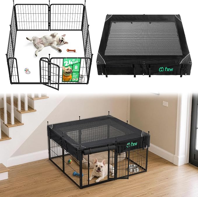 FXW Rollick Dog Playpen with Mesh Top Cover, 24"H, 8 Panels | Heavy-Duty & Easy setup Play Area, Helps Deter Jump-Outs, Indoor Use, For Puppies & Small Dogs, Patented