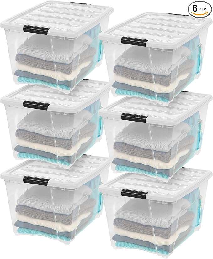 IRIS USA 54 Qt Storage Bins with Lids, 6 Pack, Dividers, Clear/White | Organize tools, pantry staples, cleaning supplies, craft materials, and household essentials with dividers.