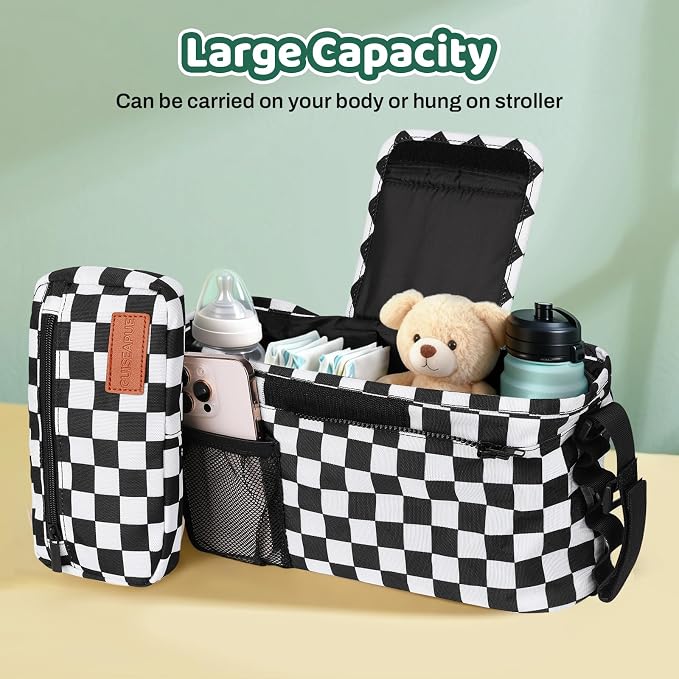 Stroller Caddy with Cup Holder, Non Slip Stroller Organizer Bag Accessories | Stroller Bag with Detachable Phone Bag, Fits Uppababy, Mockingbird Doona Joie Yoyo Baby Jogger, Christmas Baby Shower Gifts