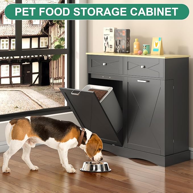kepptory 37" High Dog Feeding Station with Storage Drawer, Pet Organizers and Storage Adjustable Shelf, Dog Feeder Station, Pet Storage Cabinet for Cats and Dogs (Black)
