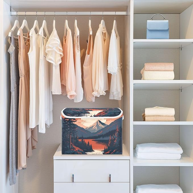 Mountains Trees Storage Bins with Lids and Carrying Handle,Foldable Storage Boxes Organizer Containers Baskets Cube with Cover for Home Bedroom Closet Office